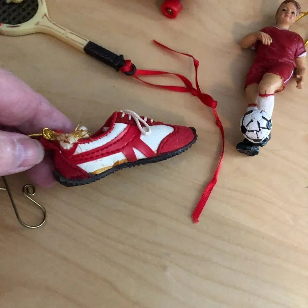 Vintage Christmas Ornament LOT of 7 Painted Wood Unique Pieces Athletic Theme